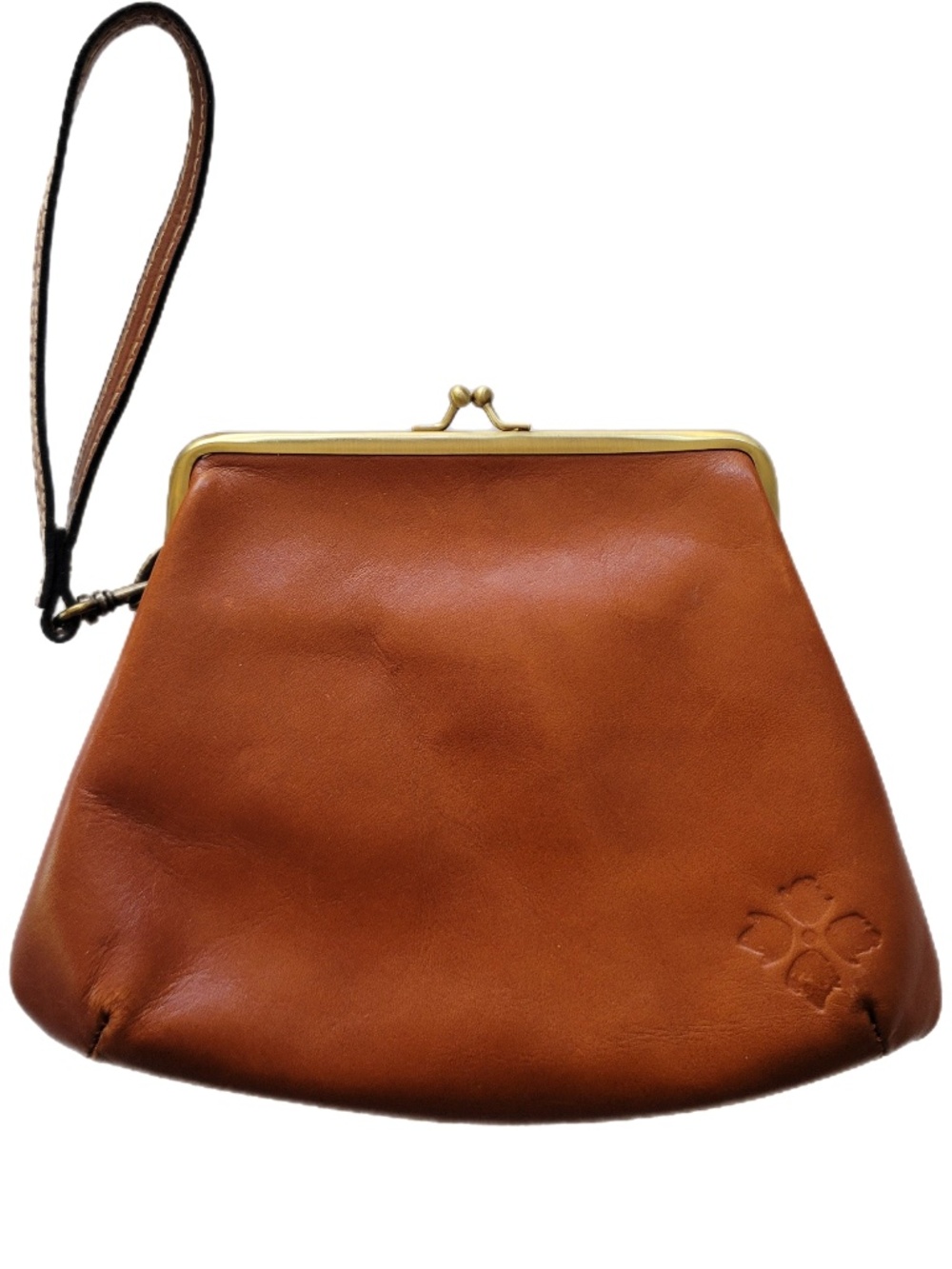 Patricia Nash Leather Wristlet Clutch Savena in Tan Brown Kiss Lock Retro Bag